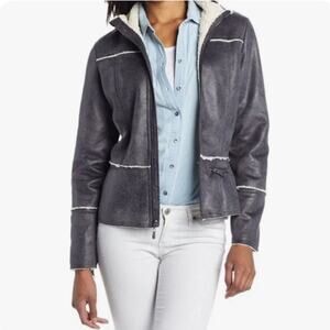 PrAna Esme Gray Microsuede Faux Shearling Lined Moto Jacket Coat Size Medium